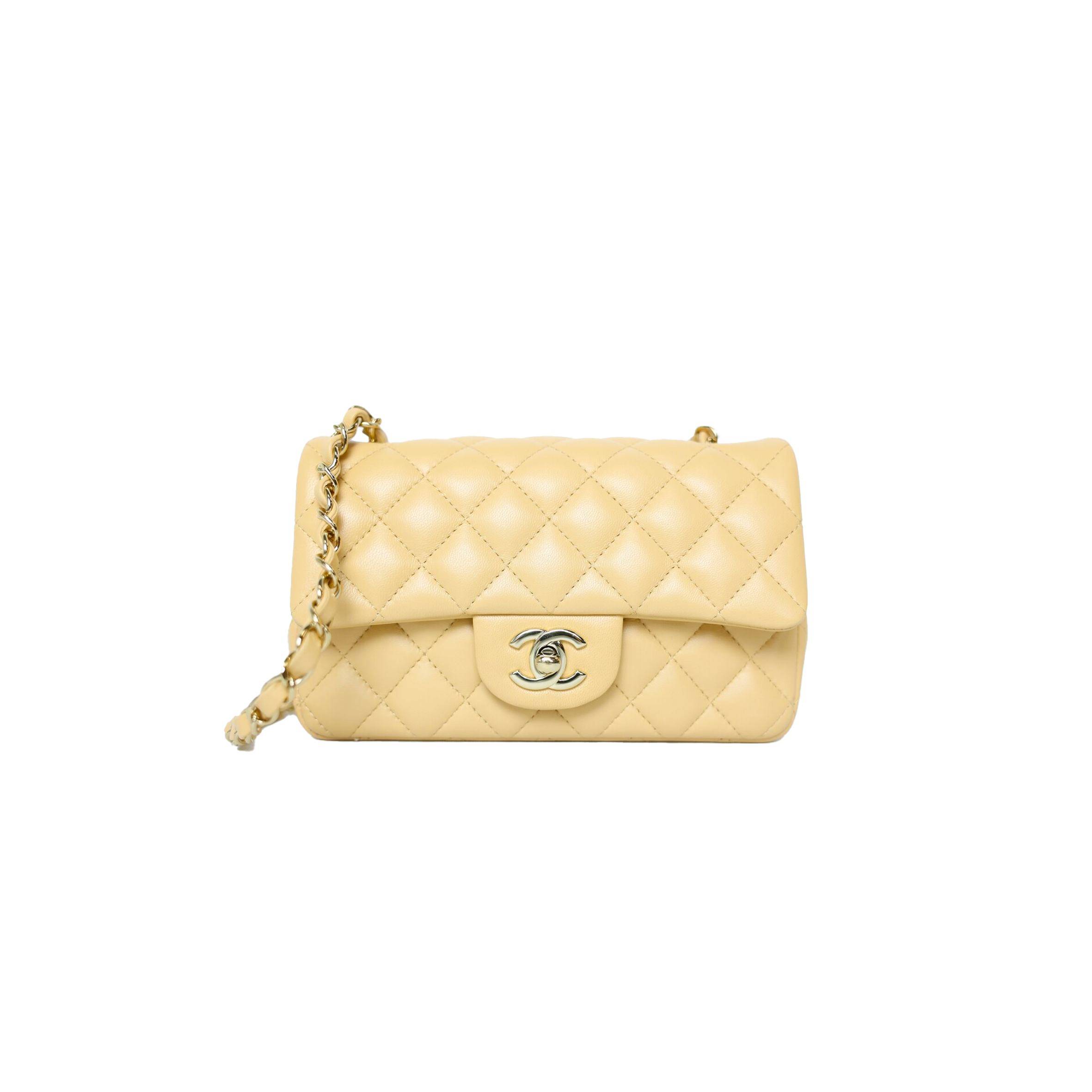 CHANEL CLASSIC MINI RECTANGLE, BEIGE LAMBSKIN LEATHER WITH LIGHT GOLD HARDWARE (20*12*6cm)